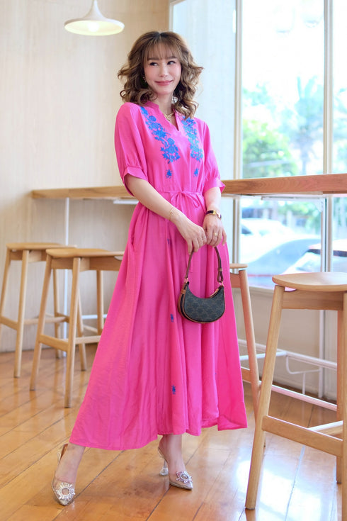 Embroidery Pattern V Neck Loose Fit Dress